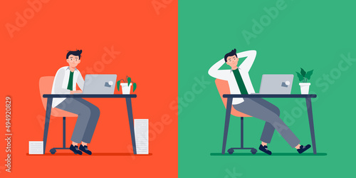 Low energy and high energy comparison. A businessman in a tired and energetic state. A man successful doing his work. Frustrated male worker feeling overwhelmed. Vector flat illustration.