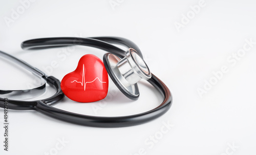 Red heart and stethoscope. Cardiology, heart health and care, Health Day concept. Copy space