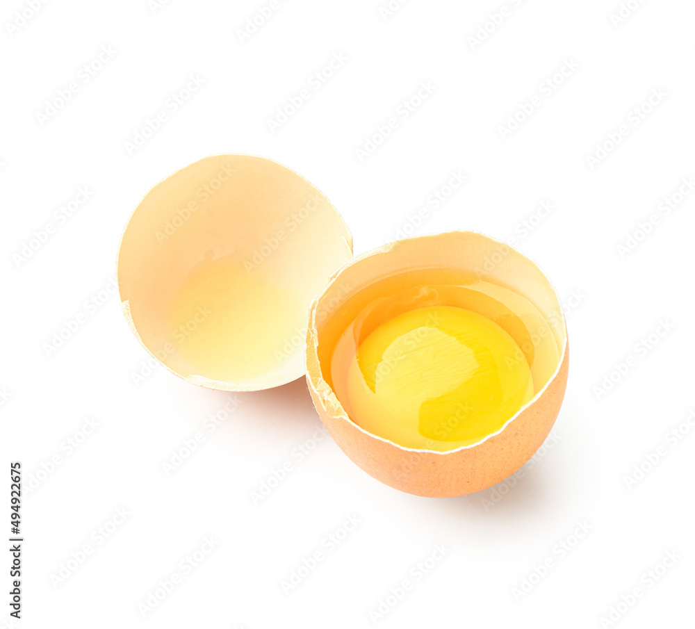 Cracked chicken egg isolated on white background