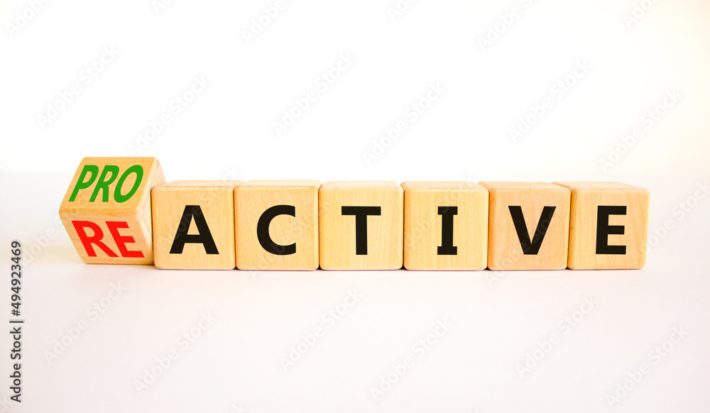 Reactive or proactive symbol. Turned wooden cubes and changed the concept word reactive to proactive. Beautiful white table white background, copy space.Business and reactive or proactive concept. Reactive or proactive symbol. Turned wooden cubes and changed the concept word reactive to proactive. Beautiful white table white background, copy space.Business and reactive or proactive concept.
