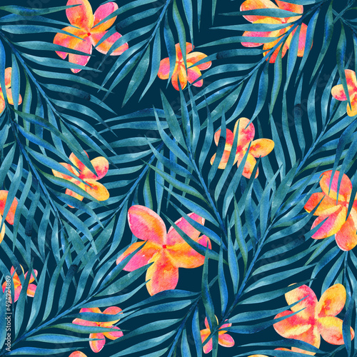 Floral tropics seamless pattern  watercolor palm leaves and exotic plumeria flowers  dark background 