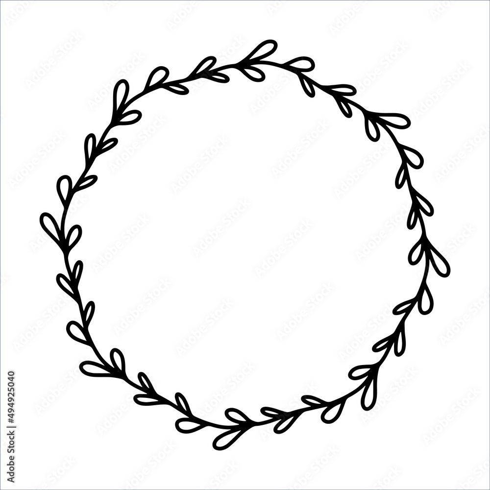 Vector hand drawn spring wreath isolated on white background. Outline circle of leaves. Doodle style. Floral frame. Family monogram. Vector hand drawn spring wreath isolated on white background. Outline circle of leaves. Doodle style. Floral frame. Family monogram.
