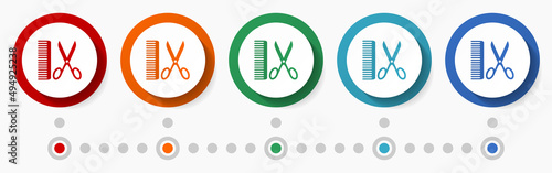 Barber, hairdresser concept vector icon set, flat design colorful buttons, infographic template in 5 color options