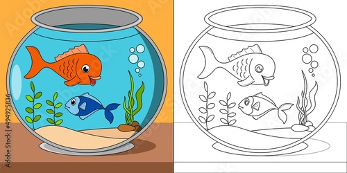 Freshwater fish in aquarium tank suitable for children's coloring page vector illustration