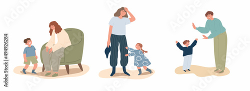 Set different tired parents. An exhausted woman parental responsibilities. Child requires attention. The concept of the difficulties of motherhood. Vector cartoon flat illustration.