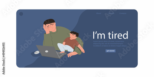I'm tired. Parent works at the computer and puts the child to sleep. Landing Page Template. The concept of parenthood and child care. Vector flat illustration on an isolated white background.