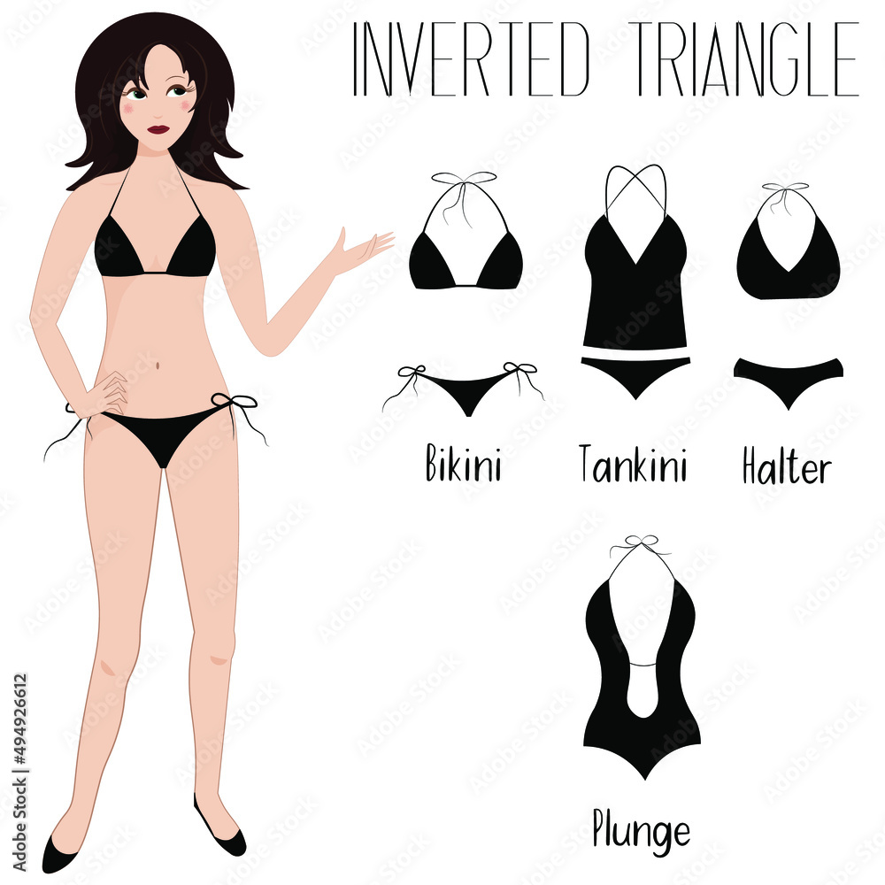 Inverted triangle female figure type vector. How to choose a swimsuit Stock  Vector