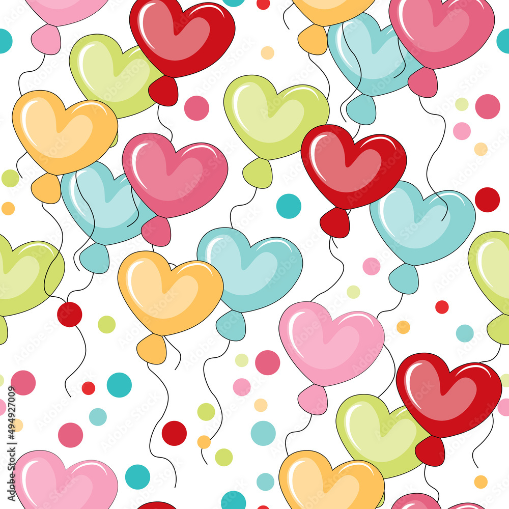 Seamless pattern with balloons in the shape of a heart. Welcome graphic. Suitable for paper, fabric. 