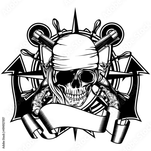 Vector illustration pirate symbol skull bandana with crossed old pistols and crossed anchors and wheel