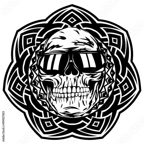 Abstract vector illustration disc jockey skull in sunglasses on round ornament. Design for tattoo or print t shirt.