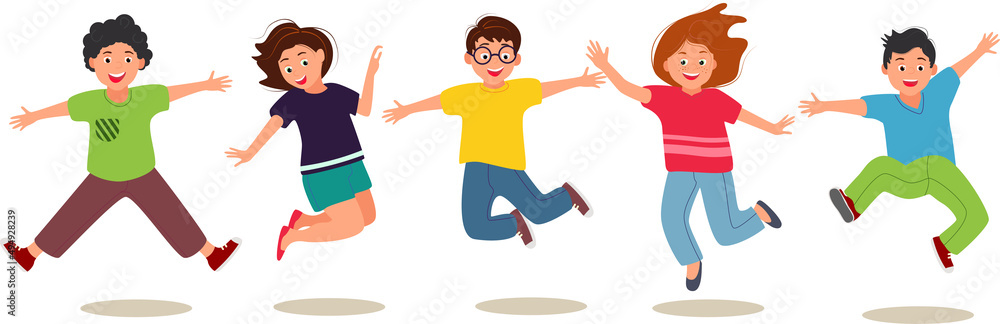 Happy funny kids are playing and jumping. Schoolchildren are having fun in the fresh air. Vector funny characters isolate on white. Illustration of characters boys and girls, funny and happy