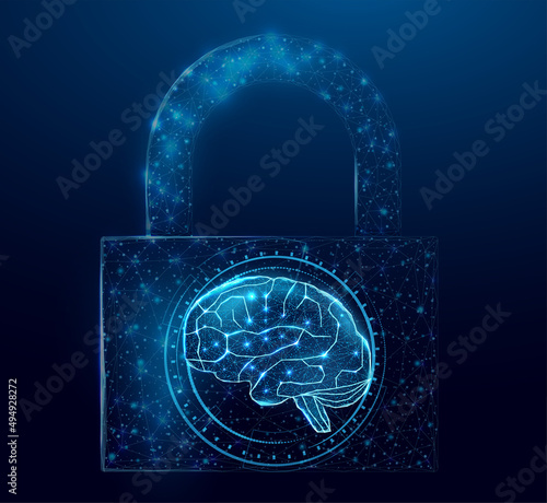 Human brain in padlock. Cyber mind concept with glowing low poly brain in lock on dark blue background. Wireframe low poly design. Abstract futuristic vector illustration