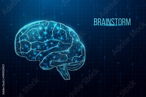 Human brain. Wireframe low poly style. Business idea concept with glowing low poly brain. Abstract modern 3d vector illustration on dark blue background