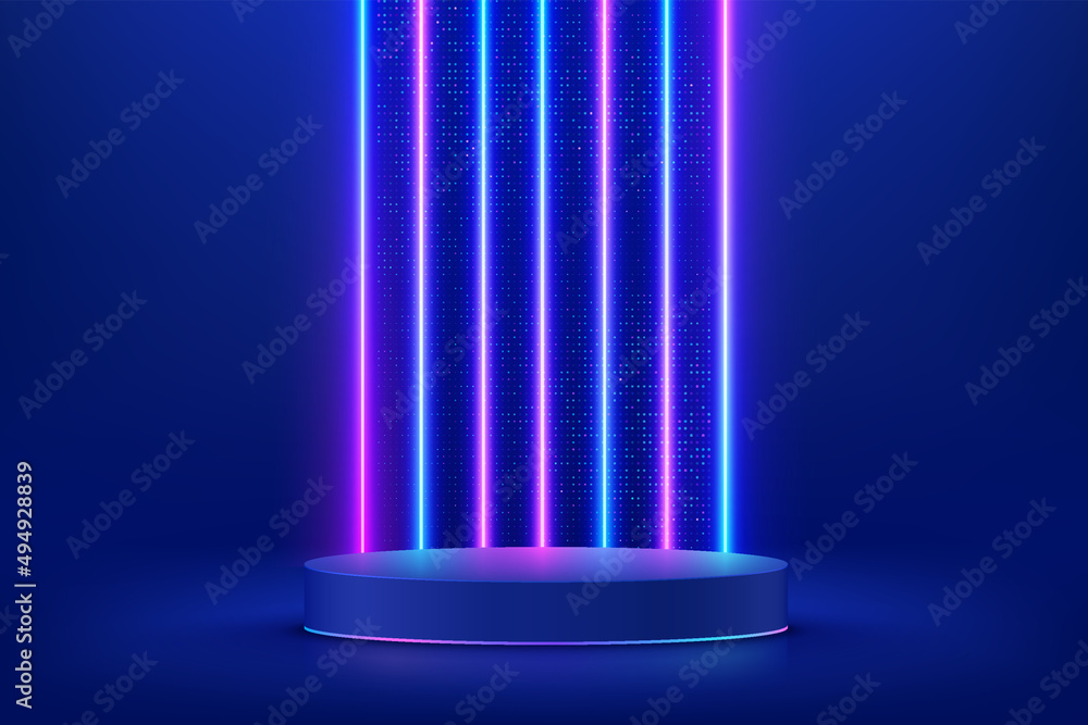 Realistic dark blue 3D cylinder pedestal podium. Sci-fi abstract room with vertical illuminate neon lighting and shiny dots glitter. Vector rendering geometric forms, Product display. Futuristic scene Realistic dark blue 3D cylinder pedestal podium. Sci-fi abstract room with vertical illuminate neon lighting and shiny dots glitter. Vector rendering geometric forms, Product display. Futuristic scene