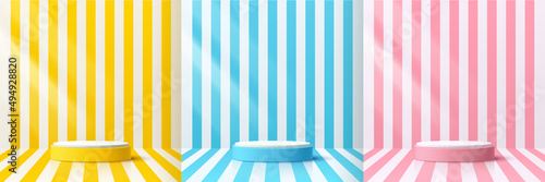 Set of yellow, blue and pink realistic 3d cylinder pedestal podium with white perspective stripes line. Abstract vector rendering geometric forms. Pastel minimal scene. Stage showcase, Product display