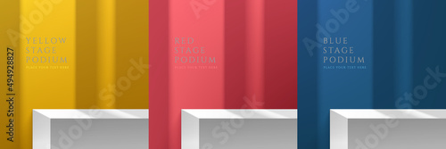 Set of realistic white table desk in abstract 3D room in yellow, dark blue and red color. Vector rendering geometric forms. Minimal wall scene with shadow overlay. Stage for showcase, Product display.