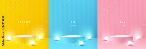 Set of yellow, blue and pink realistic 3d cylinder pedestal podium and illuminate balls neon lamp. Abstract vector rendering for product display presentation. Pastel minimal scene. Stage for showcase.
