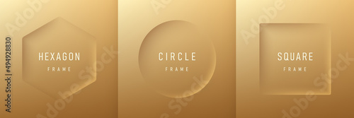 Set of realistic 3d geometric hexagon, circle and square frame on luxury golden background. Collection of Minimal frames background with copy space. Top view for product display. Light and Shadow.