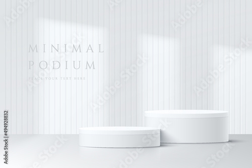 Abstract white 3D room with realistic white cylinder pedestal podium set and window shadow overlay. Minimal scene for product display presentation. Vector mock up geometric forms. Stage for showcase.