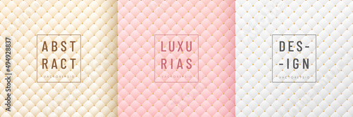 Set of abstract cream, white and pink gold square rhombus pattern with golden beads background. Collection of luxury geometric texture background. Design for cover template, poster, banner, print ad.