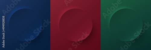 Set of dark blue, red and dark green circle board frame design. Abstract realistic 3D pedestal scene for product display in top view design. Collection of luxury geometric background with copy space.