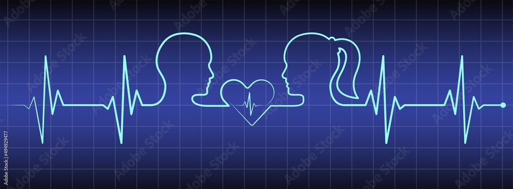 Cardio diagnosis line, heart, man, woman head, love couple line art vector. Heart rhythm ekg vector design to use in love, healthy lifestyle, emotion, family concept illustration projects. Cardio diagnosis line, heart, man, woman head, love couple line art vector. Heart rhythm ekg vector design to use in love, healthy lifestyle, emotion, family concept illustration projects.