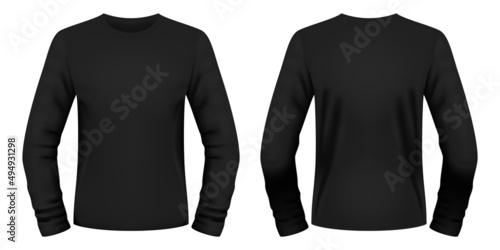 Blank black long sleeve t-shirt template. Front and back views. Vector illustration.