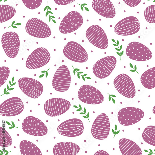 Seamless pattern with Easter decorated eggs. Purple eggs and green branches on white background.