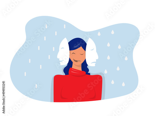 Imposter syndrome; masks with happy or sad expressions.Bipolar disorder; fake faces and emotions. Psychology; false behavior or deceiver.vector illustrator