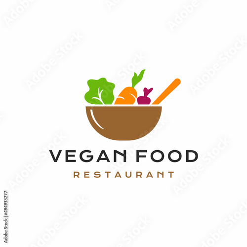 Vegetable salad, healthy food, fresh salad ingredients in bowl logo design vector illustration