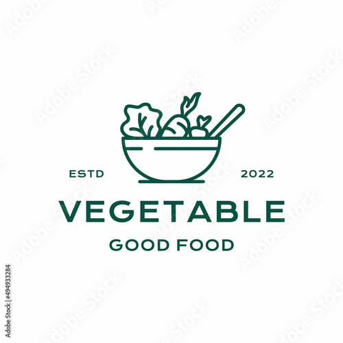 Line art Vegetable salad, healthy food, fresh salad ingredients in bowl logo design vector illustration