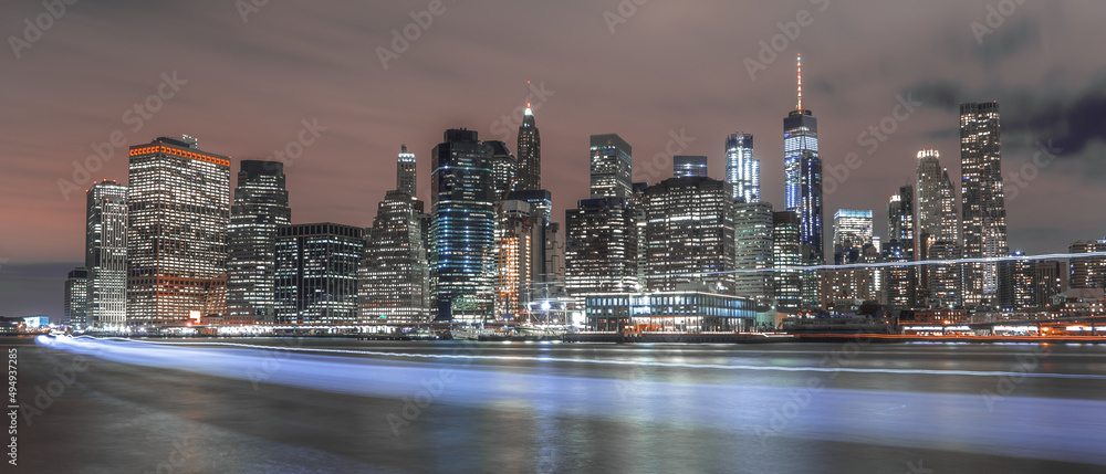 Panoramic shot with high speed shutter of New York City at night