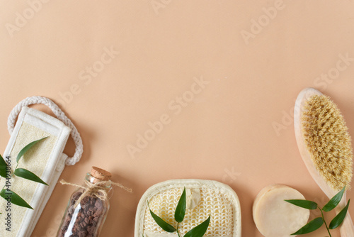 Background of spa accessories on beige background. Natural cosmetics.