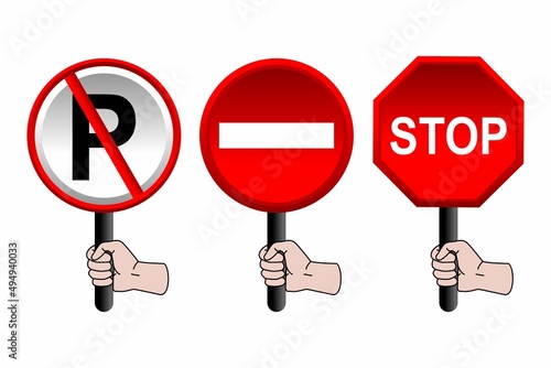 traffic sign vector no parking, no entry, stop in red and shaking hands