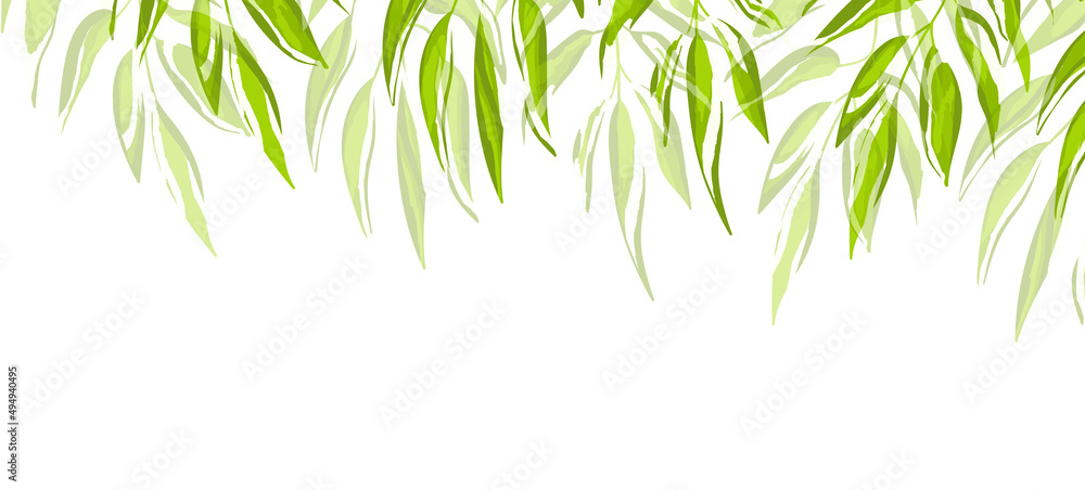 Obraz premium Floral web banner with drawn color exotic leaves. Nature concept design. Modern floral compositions with summer branches. Vector illustration on the theme of ecology, natura, environment