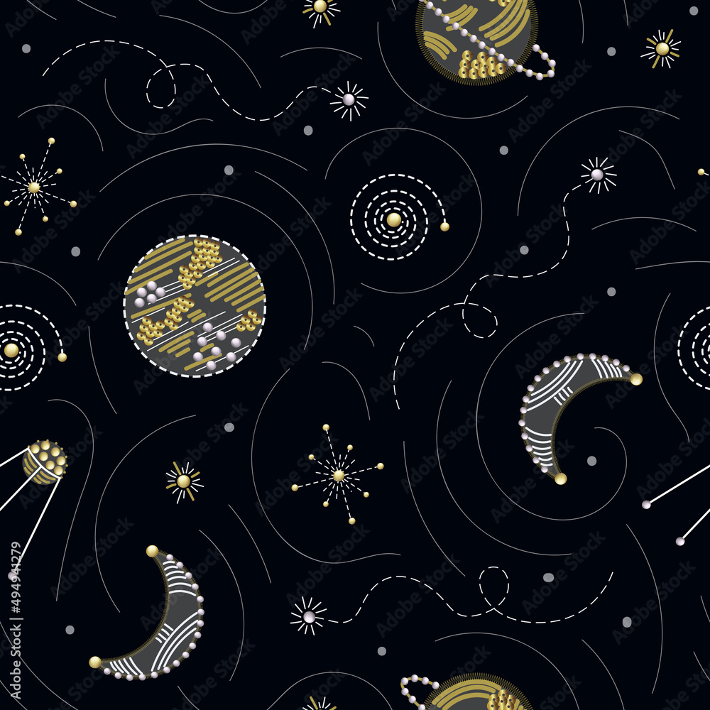 Seamless pattern with planet, stars, comets in sequins and embroidery. Seamless pattern with planet, stars, comets in sequins and embroidery.