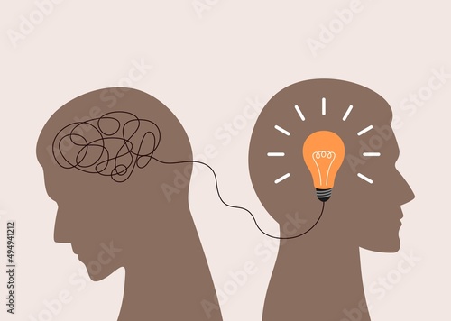 psychological metaphor, organize thoughts, man got an idea, two people think differently, simple flat vector design