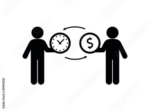 exchanging time for money, simple icon people with clock and coins, mutually beneficial cooperation, stick figure man