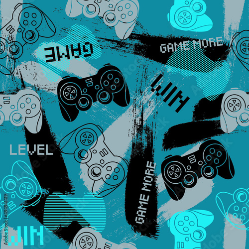 Abstract Seamless graffiti pattern with joystick. Gamer elements for boy t-shirt design. Repeat print with gamepad sign for boys textile and more
