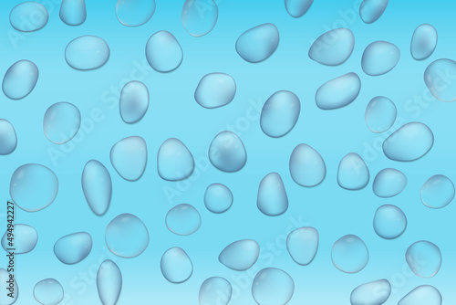Blue water droplets. Water drops on the color surface. Vector illustration. Air bubbles, dynamic aqua motion, realistic misted glass, rain on window, wet surface, humid texture, condensation or dew