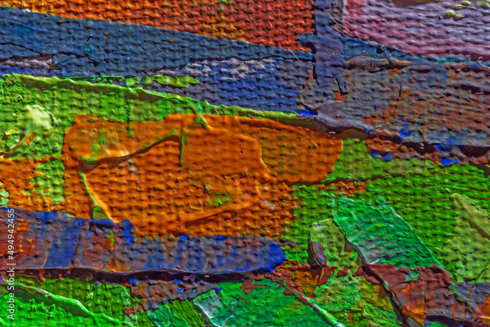 Obraz premium Abstract background closeup of a painting with brushstrokes. Rough art paint smear. Large multicolor spots of brush strokes and palette knife on the canvas