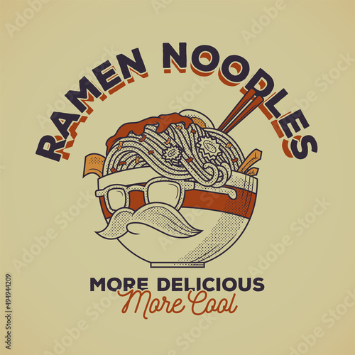 Retro emblem of cartoon hipster ramen noodles