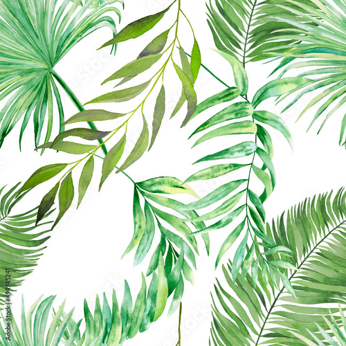 Tropical leaves seamless watercolor pattern. Hand drawn illustration of green plant branches isolated on a white background. Jungle ornament. Summer print for clothes and wallpaper. Exotic background.