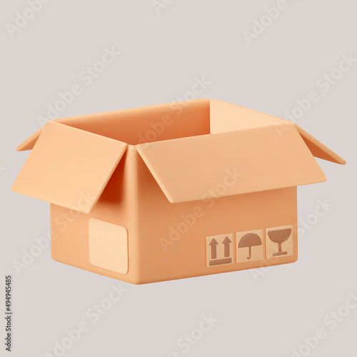 3D cardboard open box icon with symbols isolated on gray background. Render delivery cargo box with fragile care sign symbol, handling with care, protection from water rain. 3d realistic vector