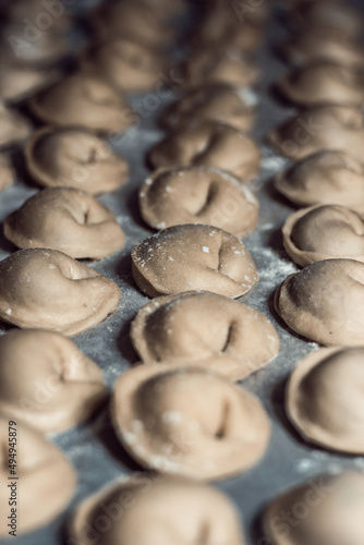 Homemade dumplings in flour laid out in several rows. Hand molding. Culinary background. Raw. High quality photo