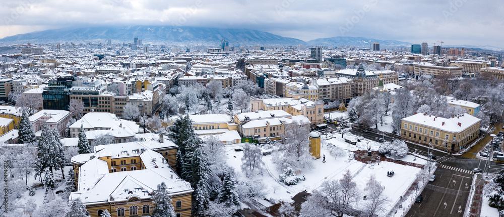 Obraz na płótnie Aerial view of the beautiful city all covered with snow in the cold winter in Sofia, Bulgaria w salonie