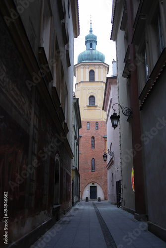 Vertical shot of the Bell tower of the Saint Martin church in Warsaw, Poland photo