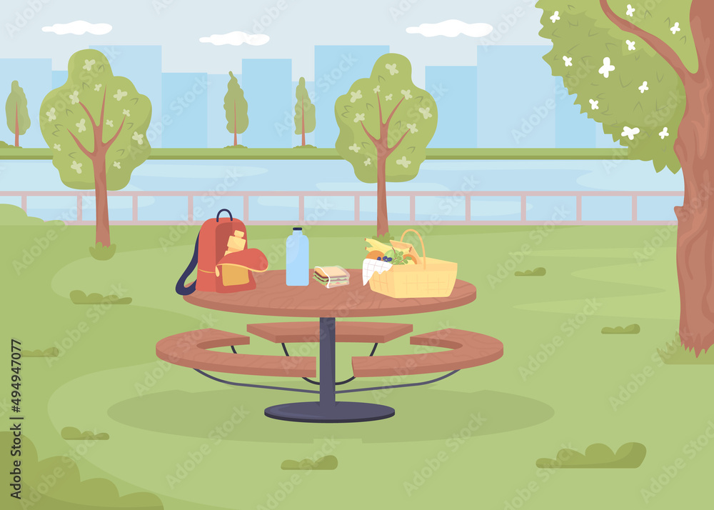 Picnic table with basket and backpack flat color vector illustration. Urban  environment. Outdoor venue. Green place for picnic in park 2D simple cartoon  landscape with city on background Stock Vector | Adobe