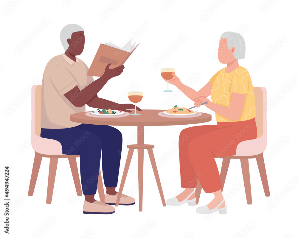 Elderly couple having dinner together semi flat color vector characters. Sitting figures. Full body people on white. Simple cartoon style illustration for web graphic design and animation