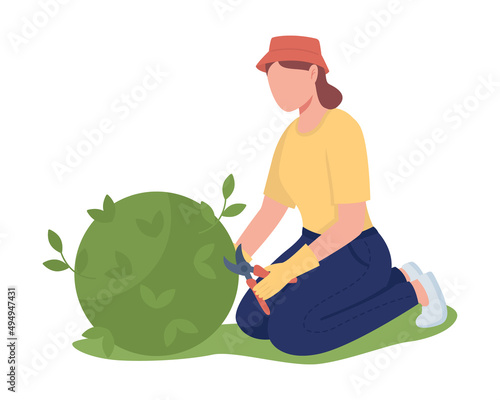 Woman pruning bush in garden semi flat color vector character. Sitting figure. Full body person on white. Maintaining garden simple cartoon style illustration for web graphic design and animation